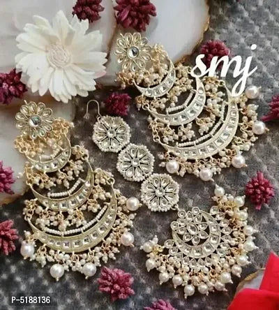 Traditional Royal Maang Tikka Earring Set Gold-Plated Chandbali Earring and Mangtika