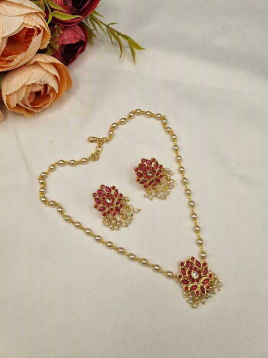 FLORAL STONE PENDANT & PEARL CHAIN JEWELRY SET DESCRIPTION