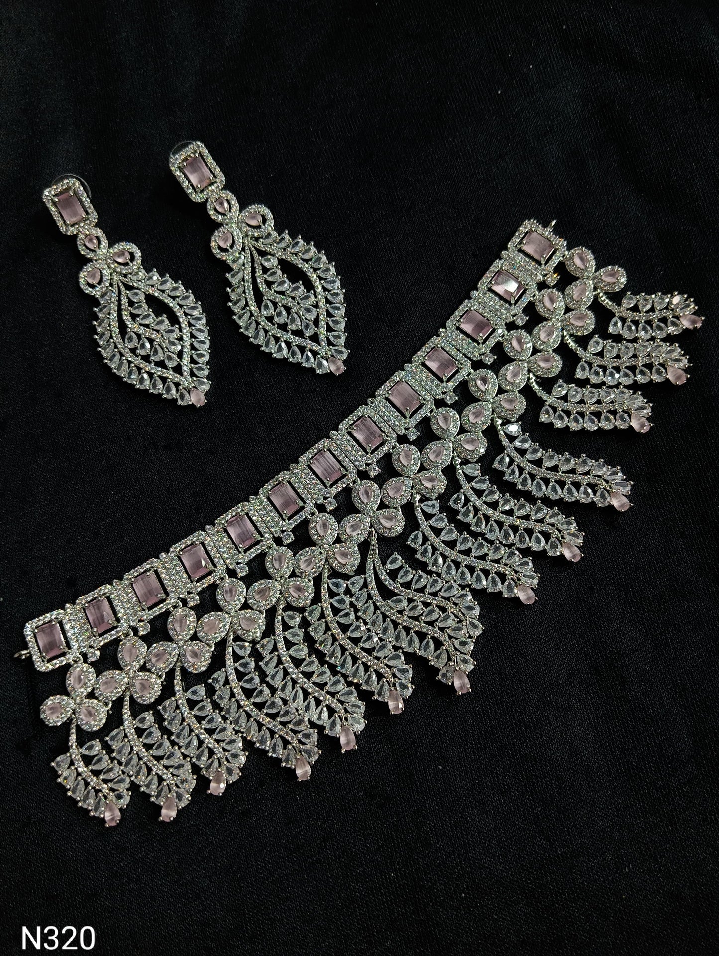 Baby Pink Stone & Silver Plated American Diamond Heavy Choker Necklace Set