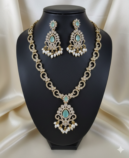 AD Diamond Jewellery set Pearl Droplets Necklace & Earrrings For Woman