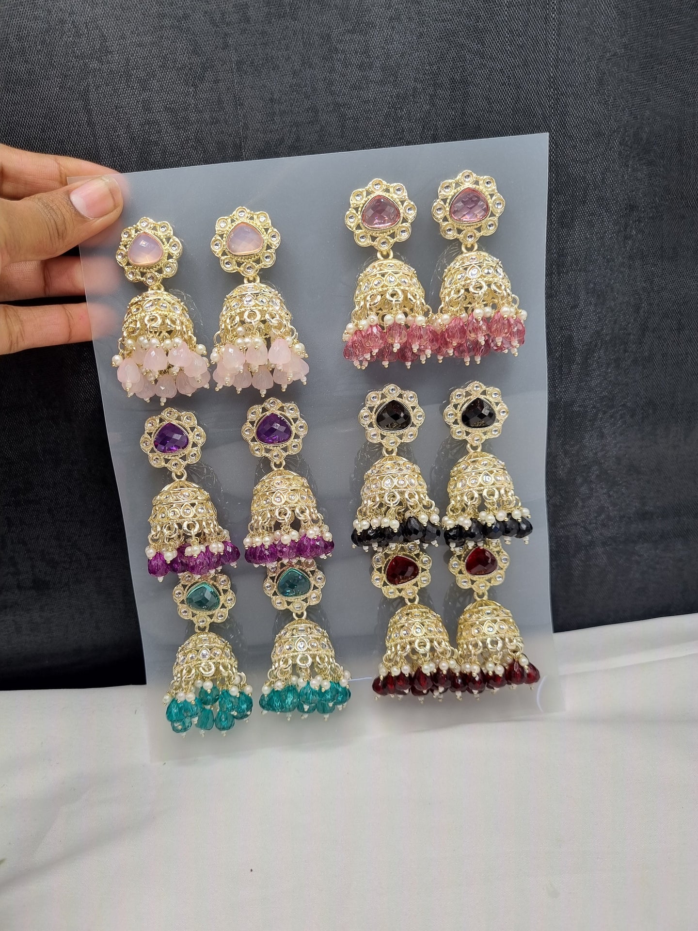 TIERED STONE-STUDDED JHUMKA STATEMENT EARRINGS (PACK OF 12)