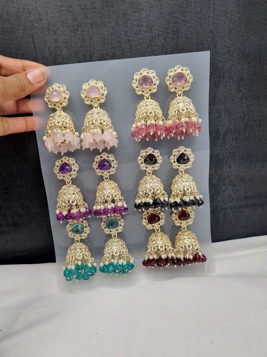 TIERED STONE-STUDDED JHUMKA STATEMENT EARRINGS (PACK OF 12)
