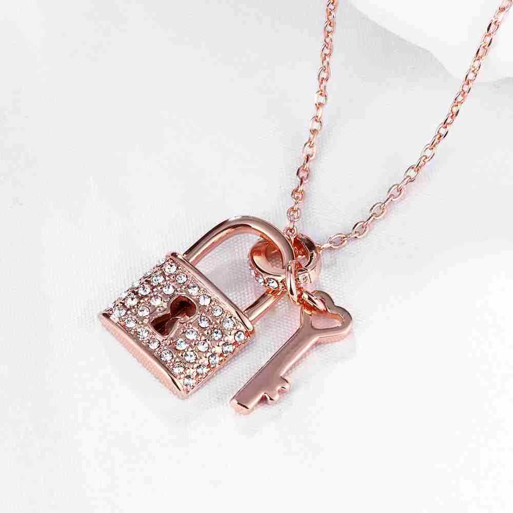Rose Gold Plated Lock and Key Necklace Pave Crystal Padlock Pendant with Heart Detail Key