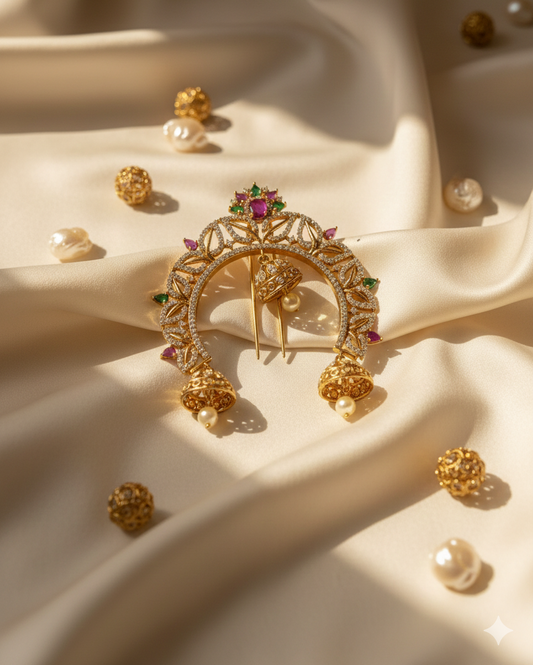 Vintage Gold Temple Hair Brooch Traditional Stone Encrusted Jhumka Hair Pin