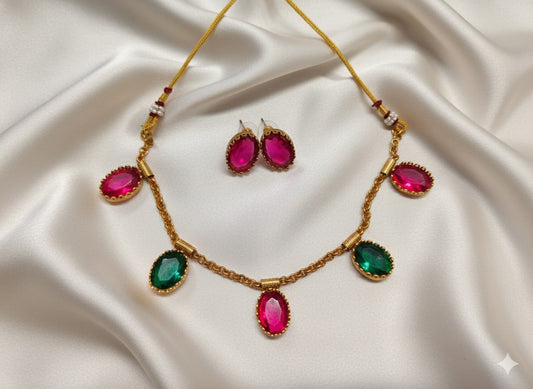Minimalist Rani Pink Oval Stone Necklace with Matching Studs