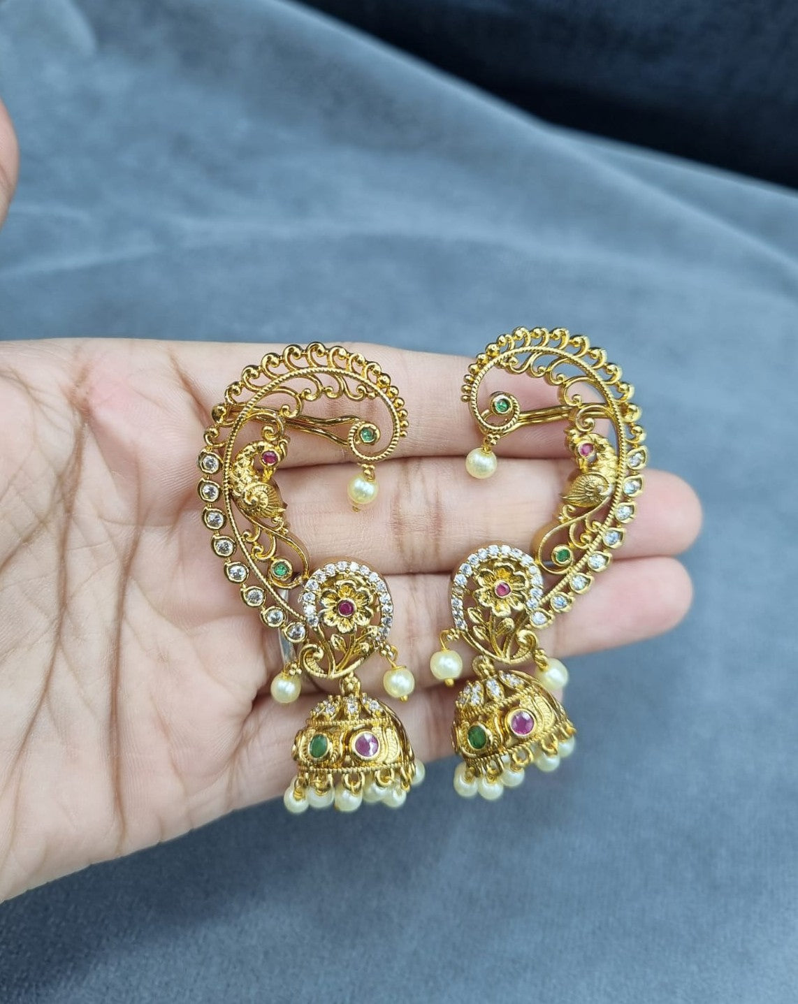 "Royal Peacock Bloom" Antique Gold Ear Wraps