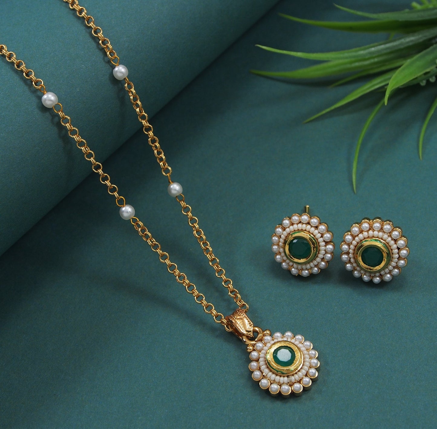 Elegant Kundan & Seed Pearl Pendant Set - Gold Plated Chain Necklace with Matching Stud Earrings