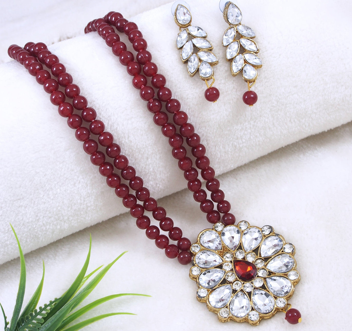 Traditional Pearl Double Layer Necklace Set with Kundan Floral Pendant & Matching Earrings