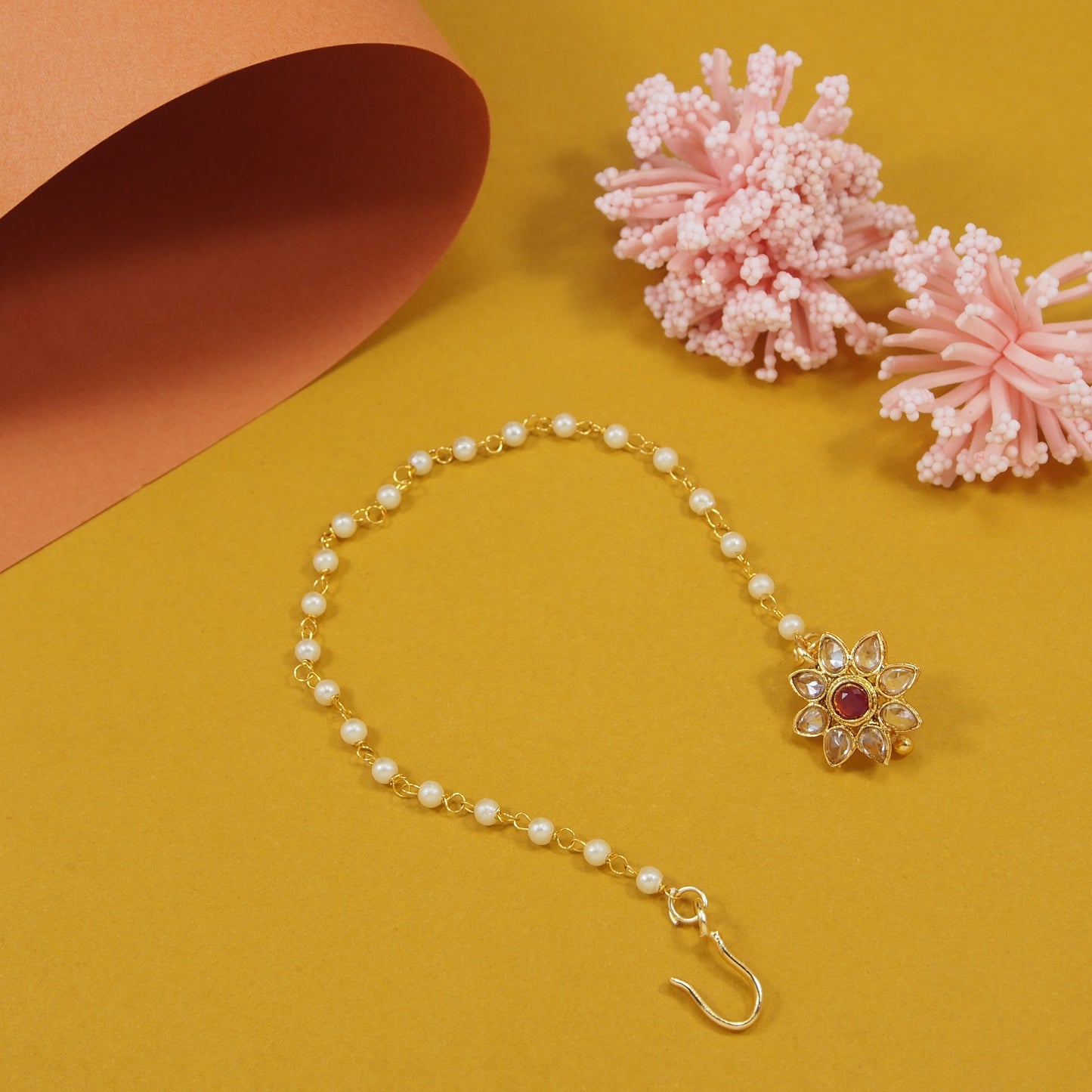 Traditional Gold-Plated Non-Pierced Nose Ring Nath With Pearl Chain For Woman
