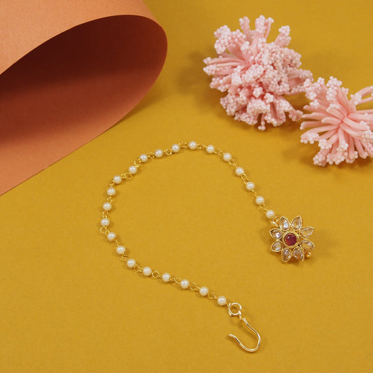 Traditional Gold-Plated Non-Pierced Nose Ring Nath With Pearl Chain For Woman