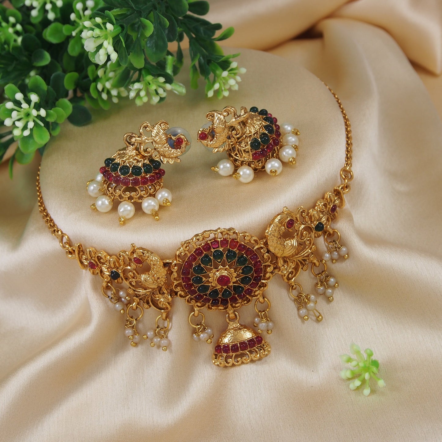 Peacock Temple Choker Set with Ruby & Emerald Stones