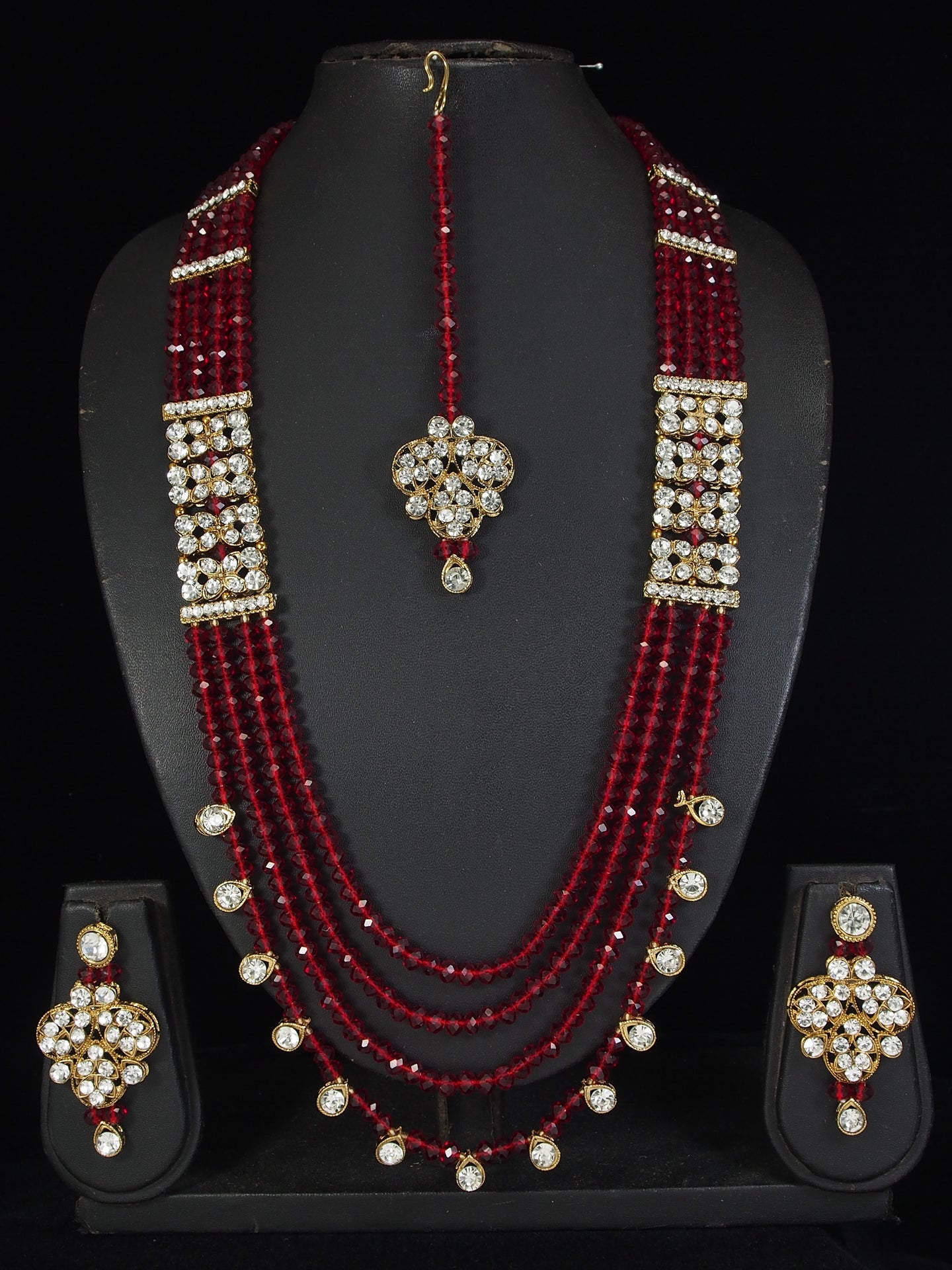 Maroon Crystal Bead Long Necklace Multi-Strand Set