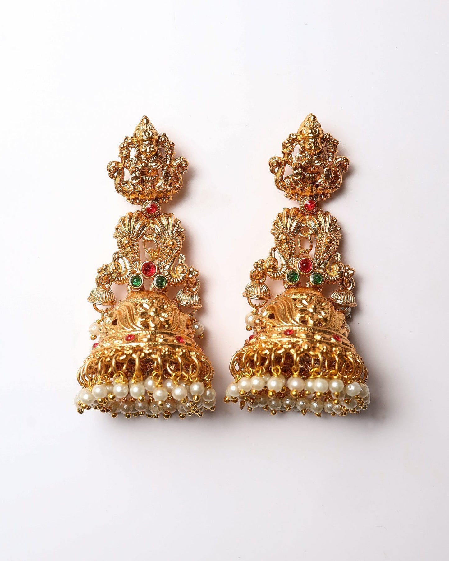 Antique Matte Gold Temple Lakshmi Jhumka with Ruby, Emerald & Pearl Drops