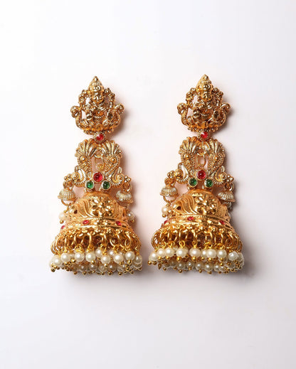 Antique Matte Gold Temple Lakshmi Jhumka with Ruby, Emerald & Pearl Drops