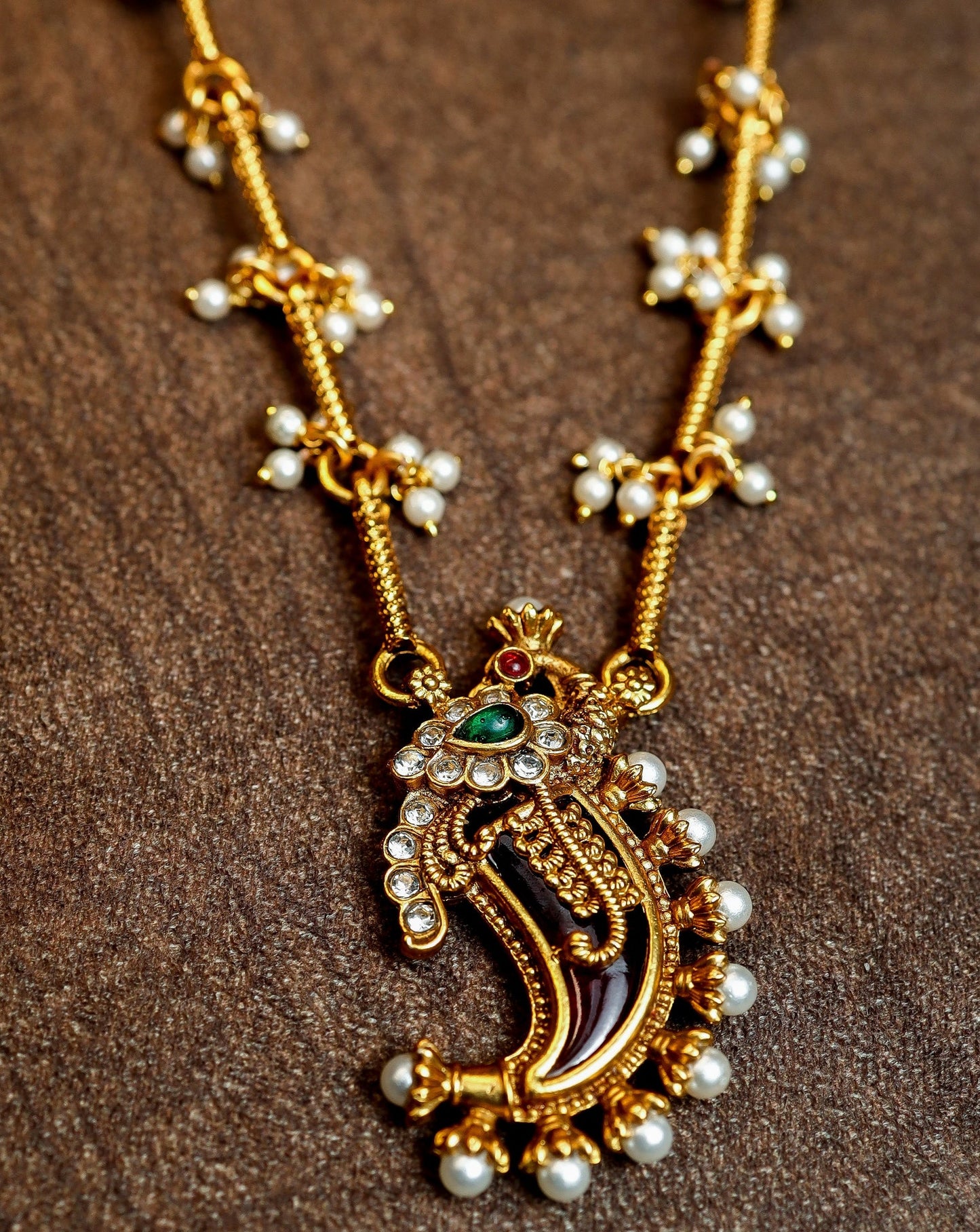 Antique Gold Finish Pendant with Seed Pearl Clusters and Matching Jhumka Earrings