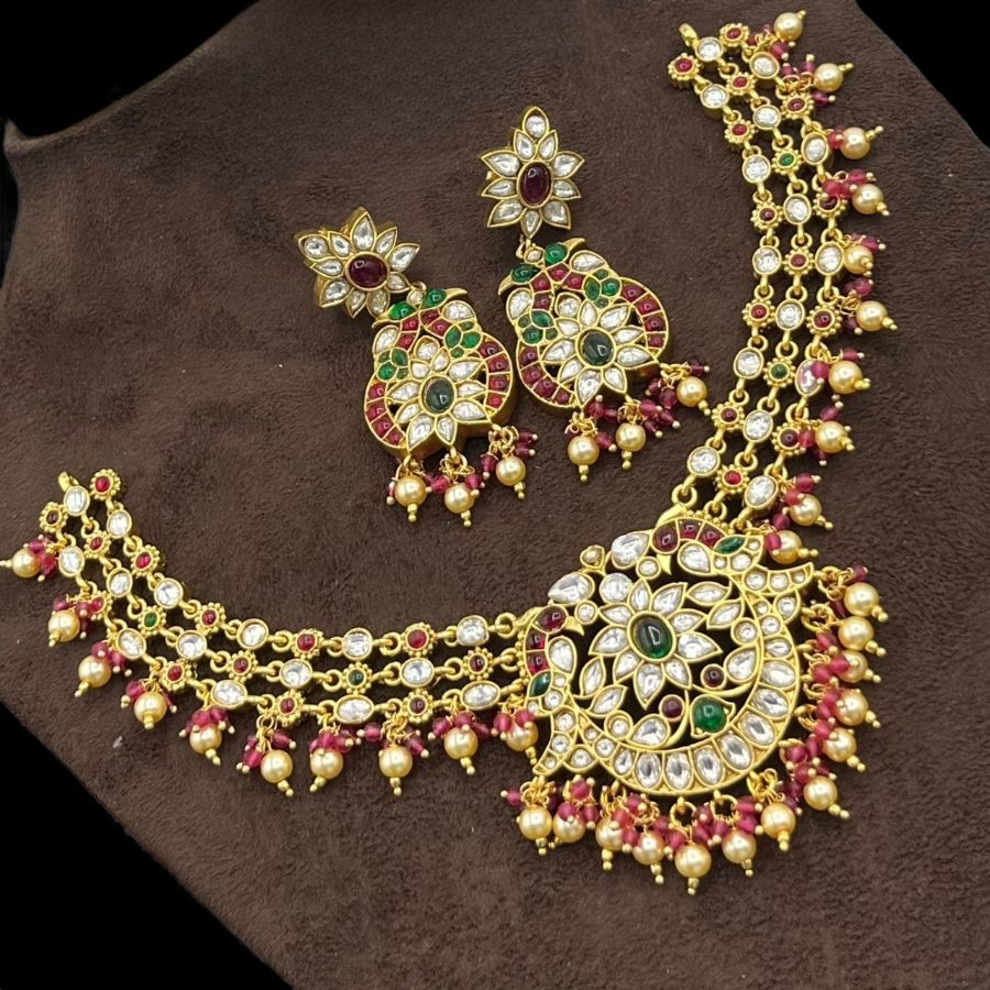 Gold Plated Copper Jewellery Set Drop Necklace With Earrings For Woman