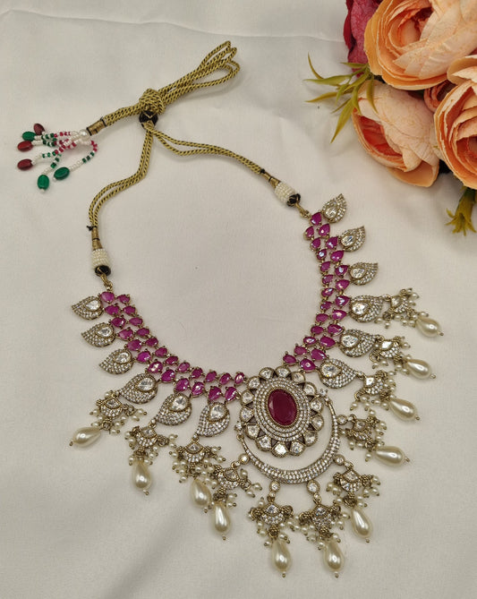 Ruby Pink Kundan Choker Set with Maang Tikka and Earrings