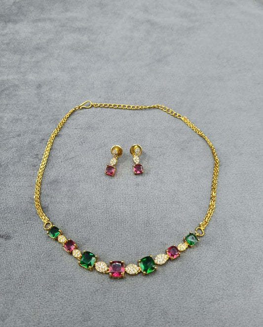Ruby Red AD Square Stone Necklace  Earrings
