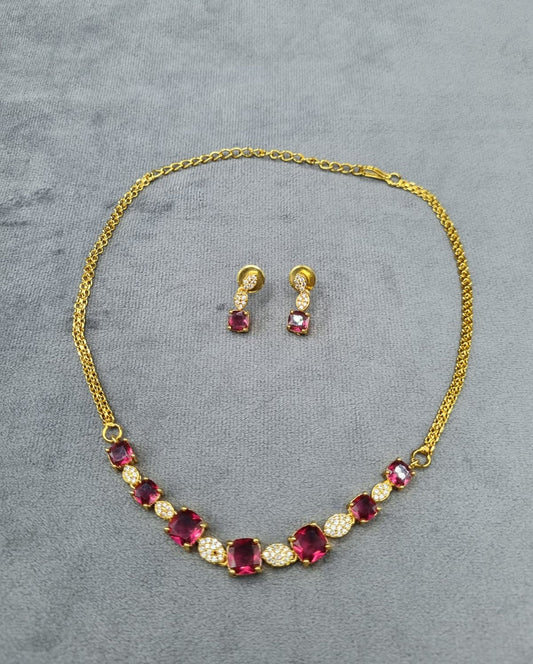 Ruby Red AD Square Stone Necklace  Earrings