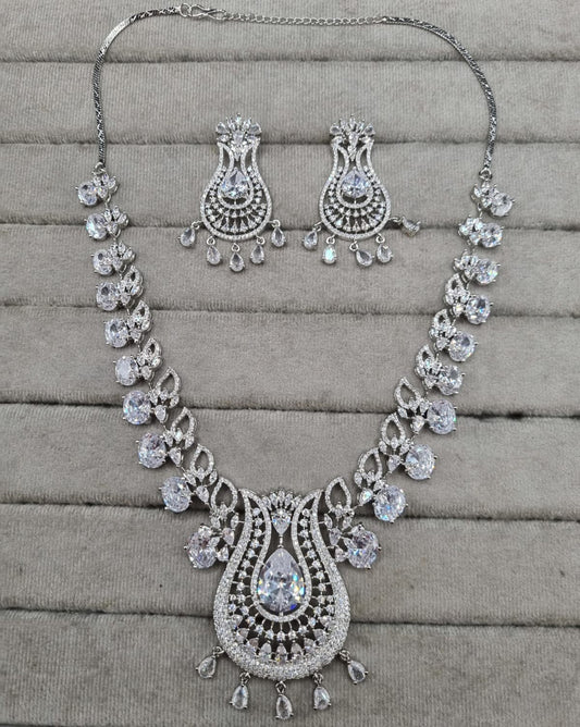Luxurious Rhodium-Plated AD Paisley Jewellery Set