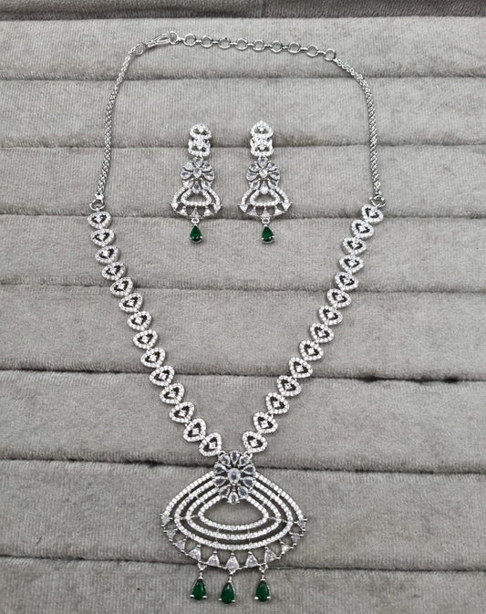 Silver-Tone Heart Link Necklace with Green Accents