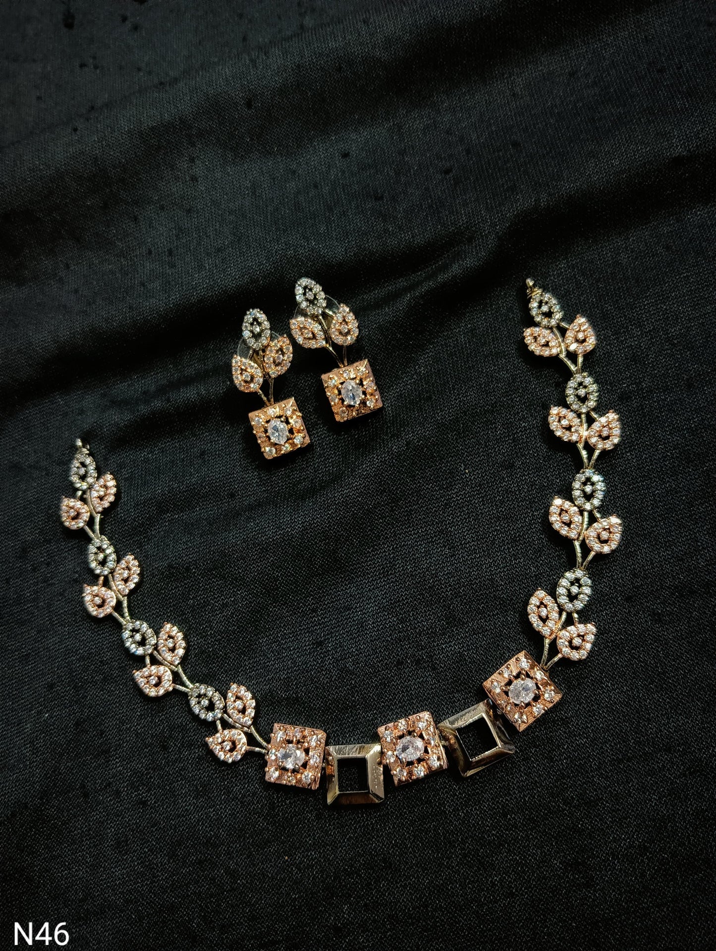 Blossom Square Dual-Tone AD Necklace Set with Earrings