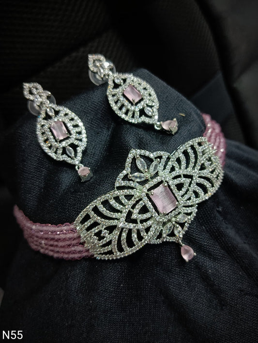 Pastel Pink Multi-Strand Pearl & AD Choker Set
