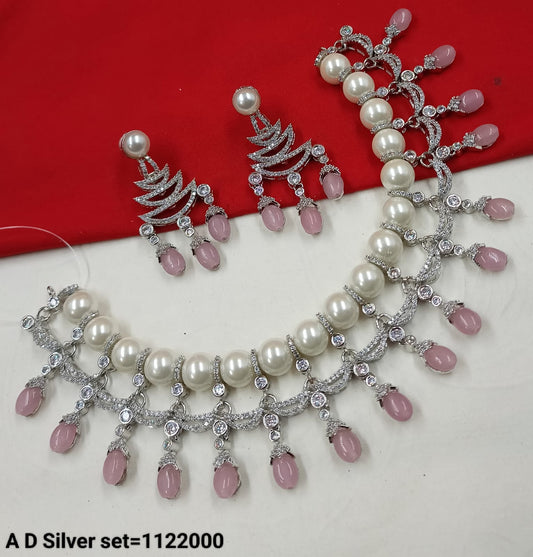 Pearl & Baby Pink Silver Finish AD Choker Set