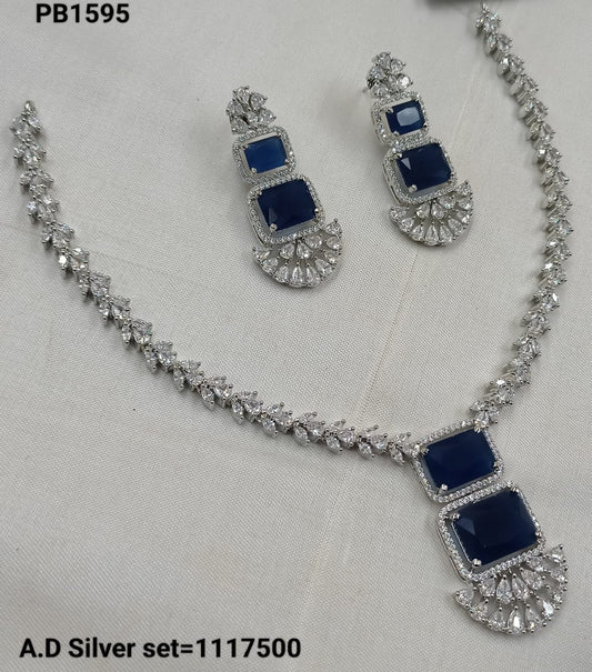 Royal Blue Square Drop American Diamond Necklace Set