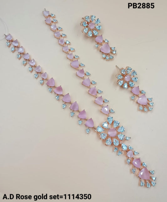 Blush Floral Blossom Rose Gold AD Necklace with Matching Earrings