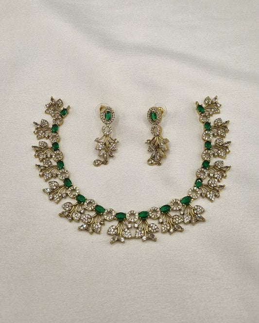 Elegant Green Marquise Stone Floral Choker Set with Matching Drop Earrings