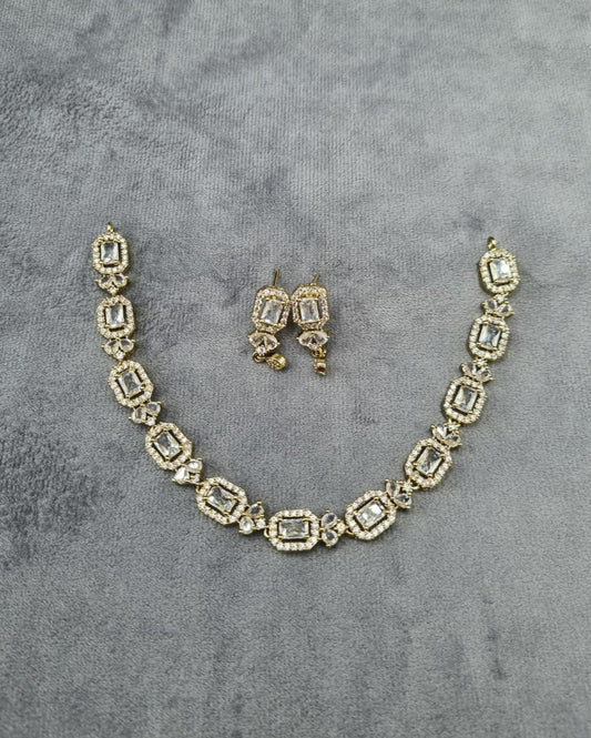 Classic Gold-Plated Rectangle Stone Tennis Necklace Set