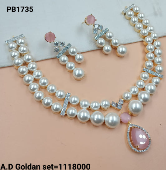 Baby Pink Stone & Double-Layer Pearl Necklace Set with AD Accents