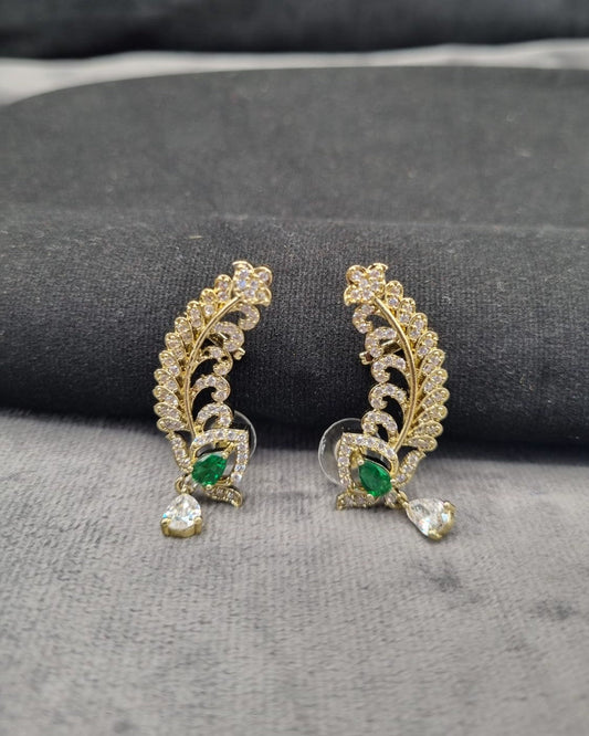 Emerald Green Feather Ear Climber Earrings