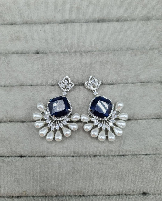 Elegant Blue Pearl Drops AD Earrings