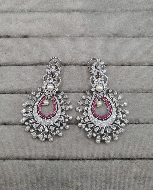 Silver-Tone Pearl Fringed American Diamond Earrings