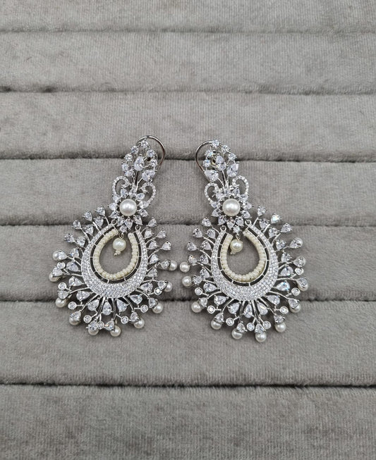 Silver-Tone Pearl Fringed American Diamond Earrings