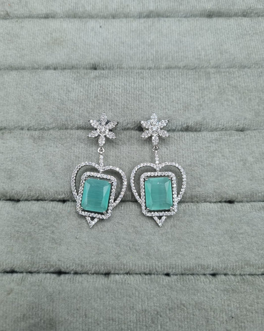 Mint Green & Silver AD Heart Dangle Earrings