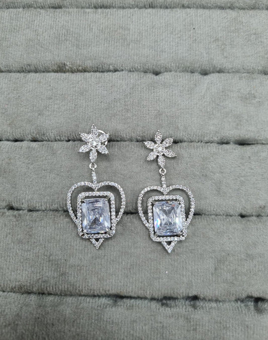 Mint Green & Silver AD Heart Dangle Earrings