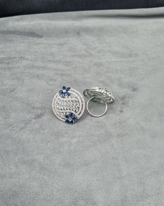 Sapphire Blue Floral Shield Statement Ring