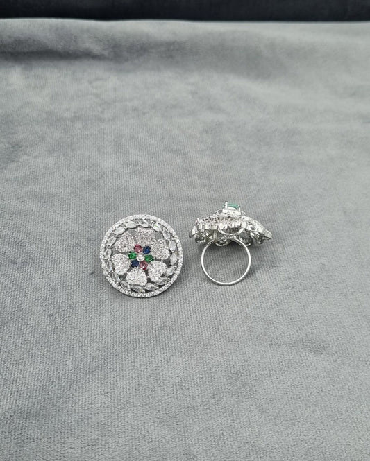 Multi-Color Gemstone Floral Medallion Ring