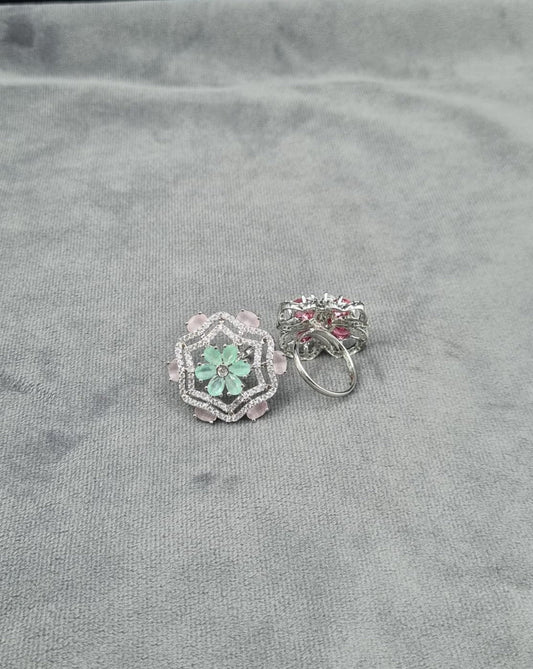 Silver Finish American Diamond Floral Statement Ring