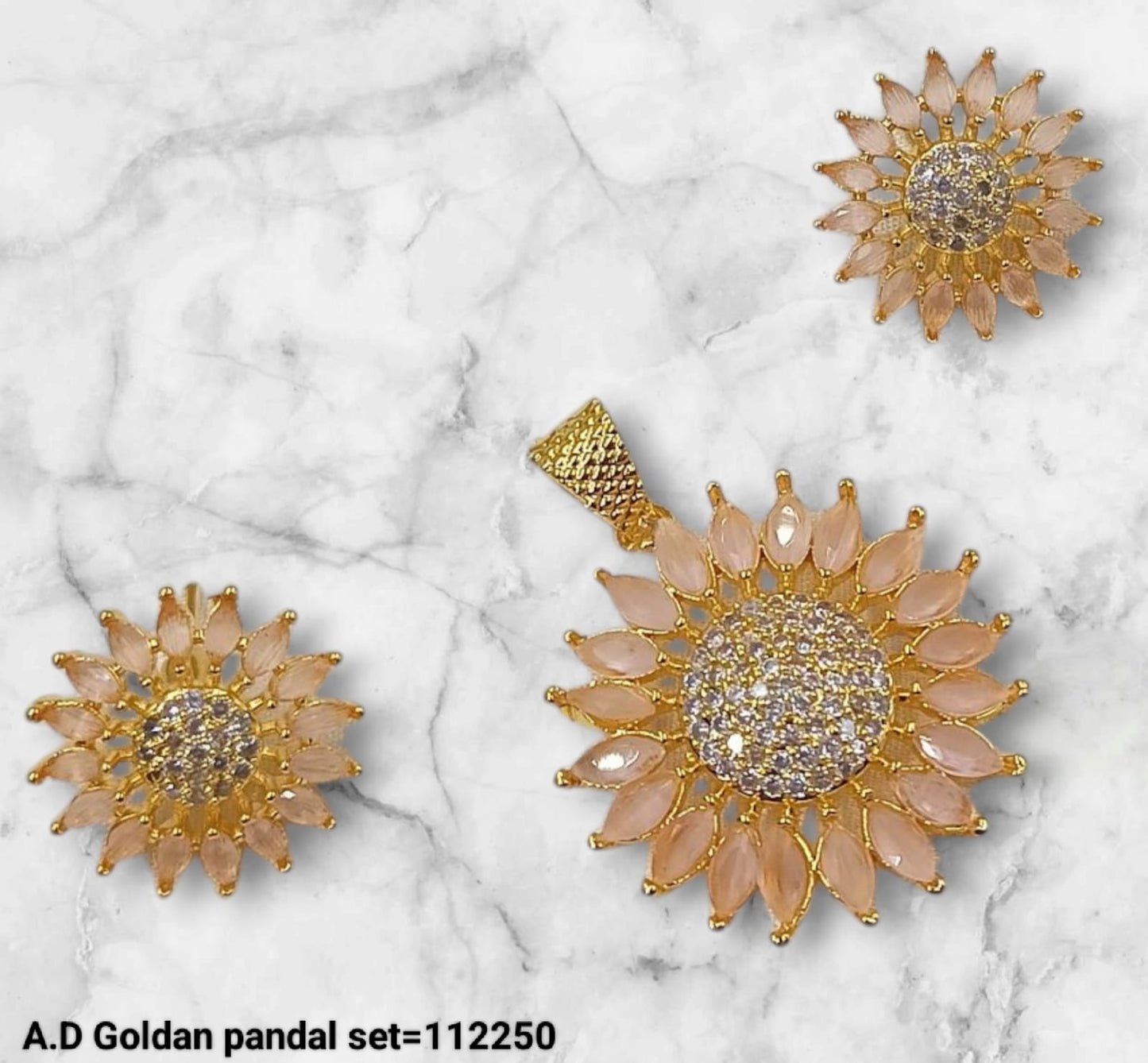 AD Gold Plated Floral Pendant Set & Matching Earrings For Woman