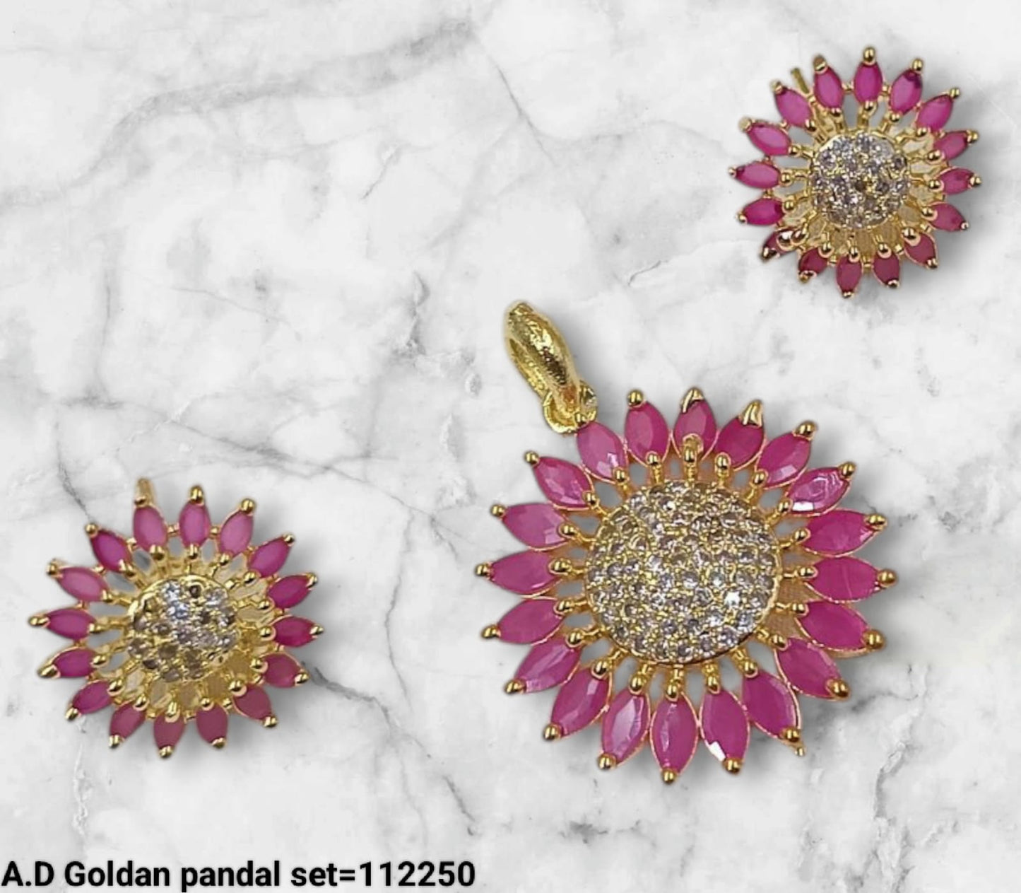 AD Gold Plated Floral Pendant Set & Matching Earrings For Woman
