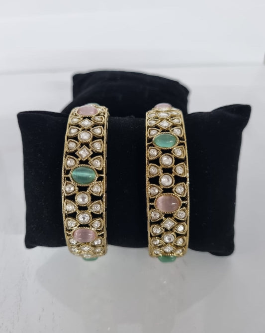 Pastel Mint & Pink Dual Kundan Bangles Set