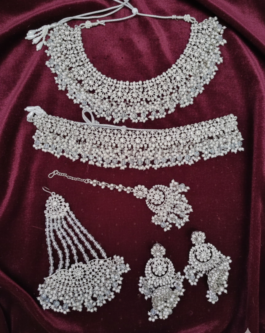 Shadaw Stone Bridal Jewelry Set Choker Necklace, Earring, Maang Tikka & Passa For Woman