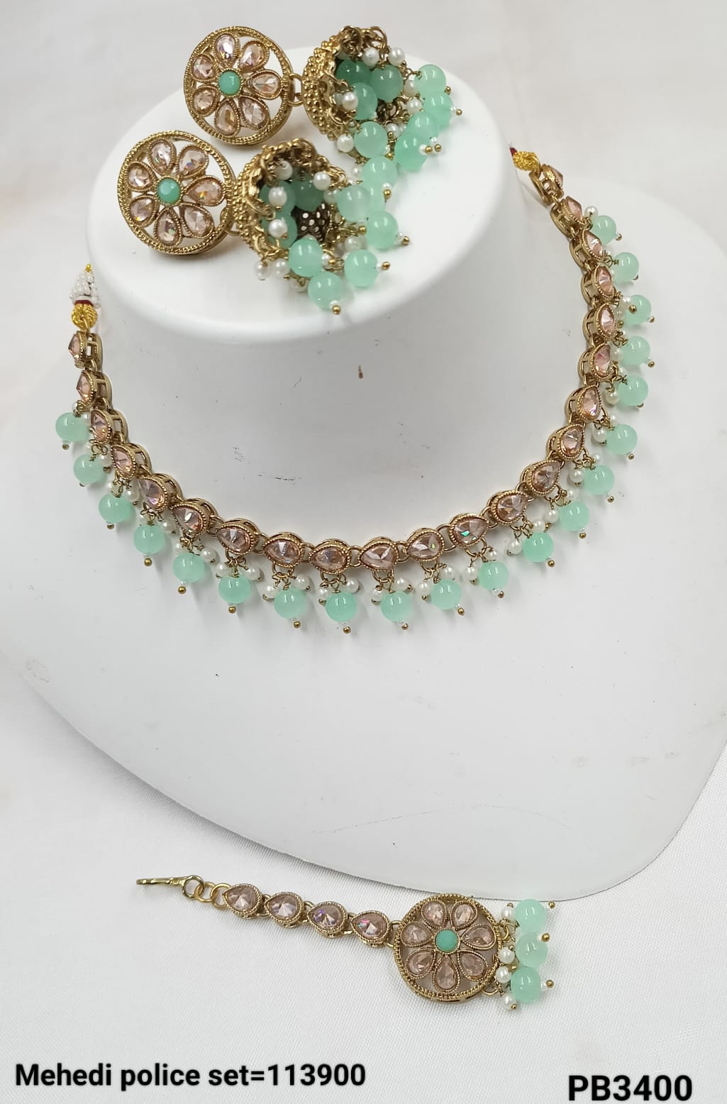 Antique Gold Necklace Set with Teal Green Beads & Jhumkas