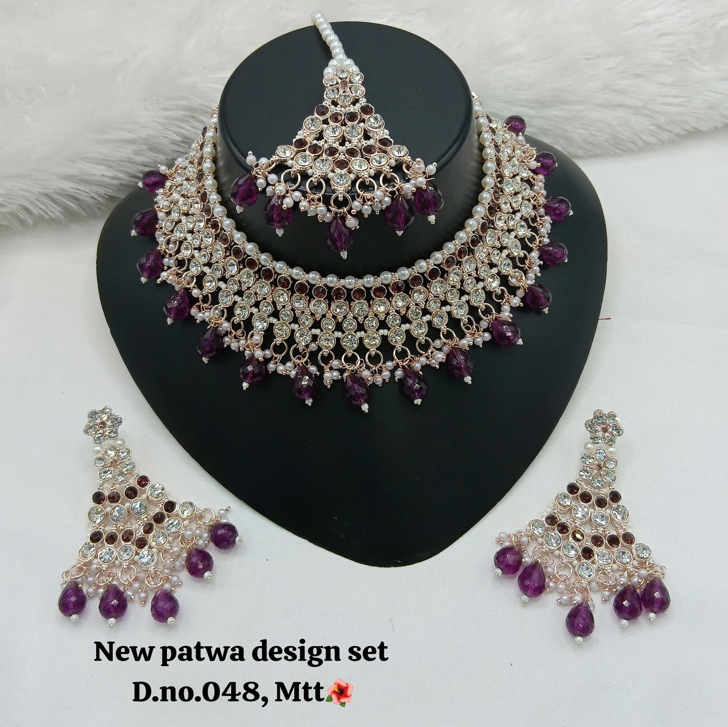 Rani Pink & Rose Gold Patwa Choker Set with Maang Tikka