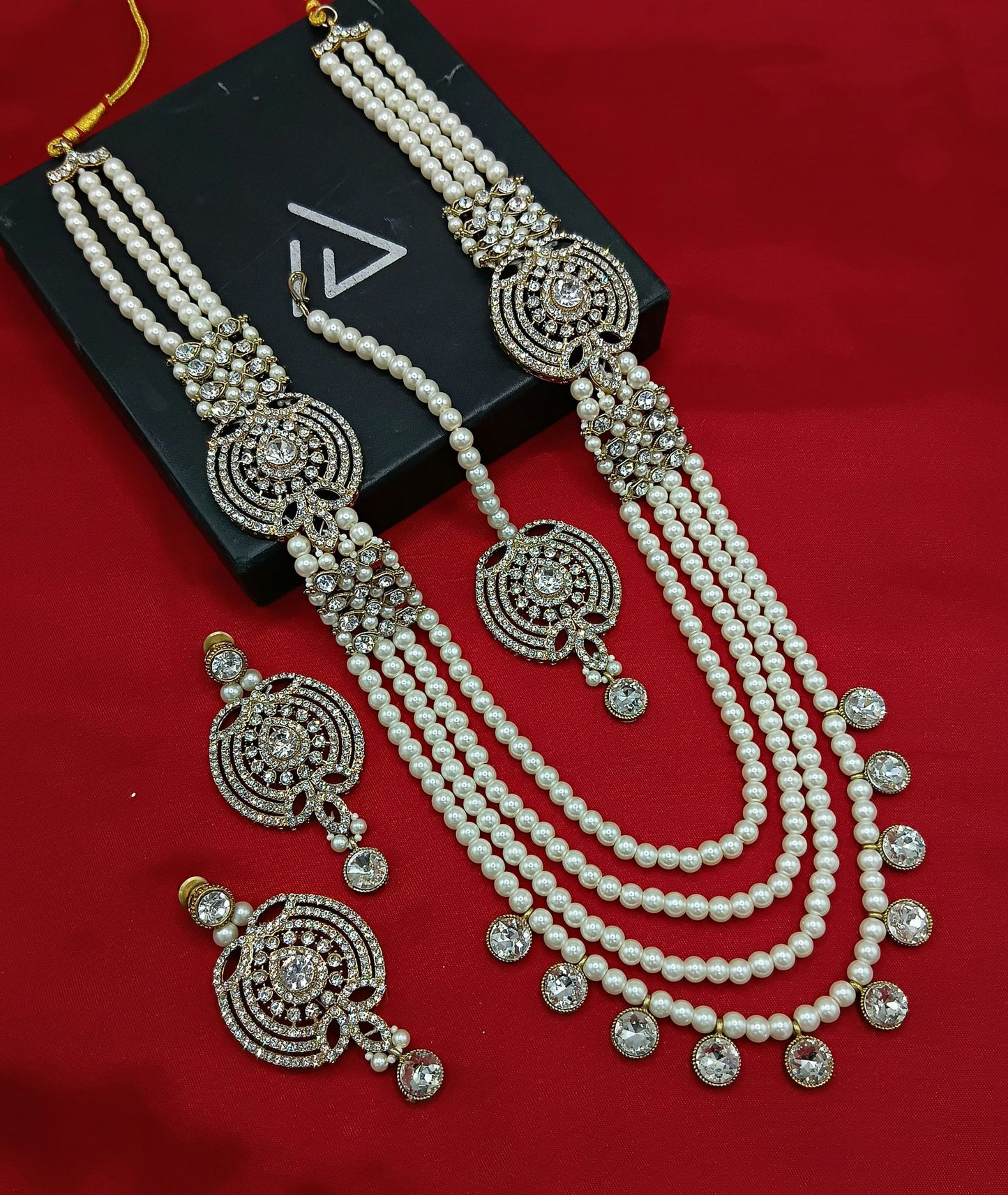 Pearl & White Stone Long Necklace Set