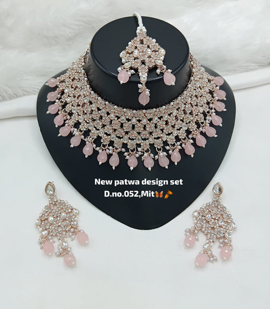 Pastel Pink Droplets Studded Rose Gold Choker Set